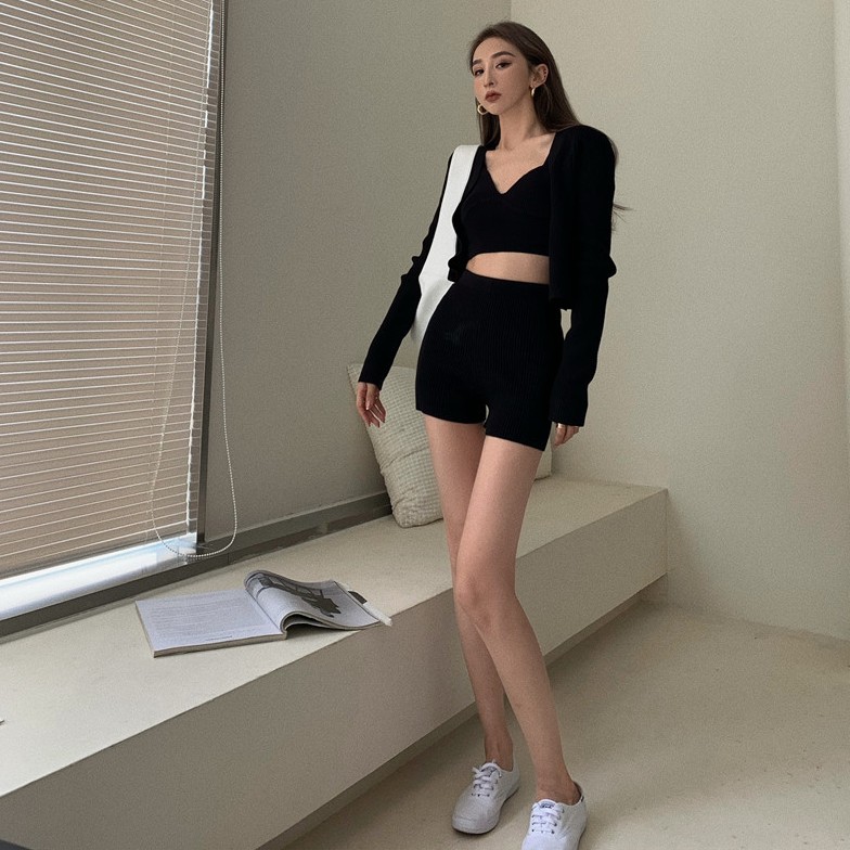 Cocory vn Áo cardigan tay dài/ Áo yếm hai dây/ Quần đùi lưng cao phong cách vintage quyến rũ thời trang dành cho nữ