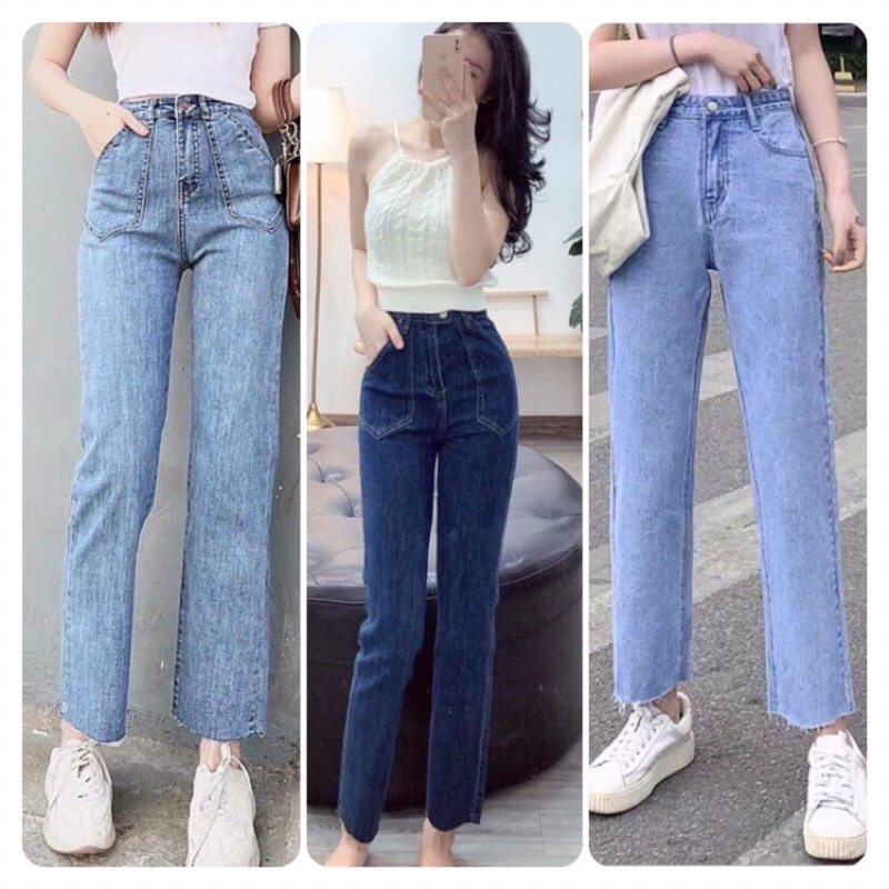 Quần bò jean nữ cạp cao ống đứng rộng suông loe co giãn vải Quảng Châu chuẩn đẹp dầy dặn mặc không bai