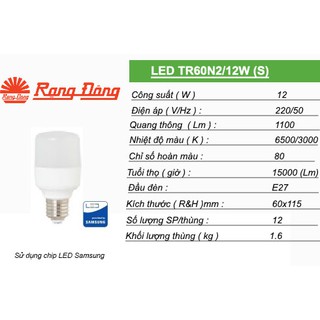 Bóng Dèn LED Trụ Rạng Đông 12W ChipLed SAMSUNG ( A/S Trắng )