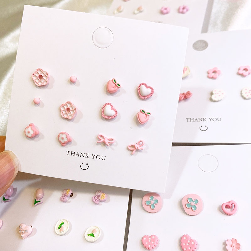 Bộ 4 Đôi Bông Tai Hình Hoa Tulip / Gấu / Trái Tim / Nơ Màu Hồng Dễ Thương Tinh Tế Cho Nữ