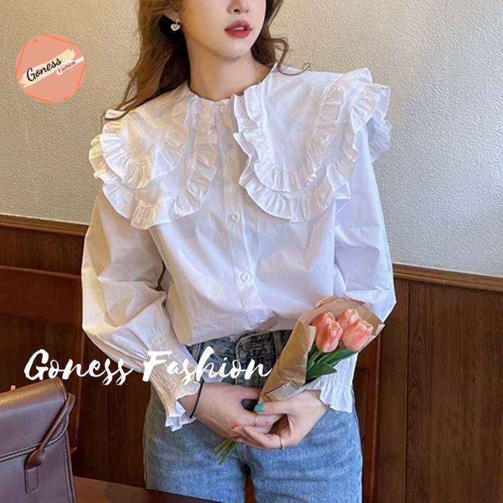 Áo sơ mi nữ Goness tay phồng dài công sở cao cấp kiểu cổ bèo đẹp nhiều màu sang trọng A10