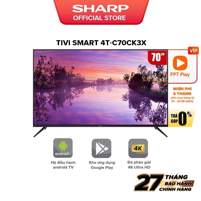 [Mã ELBAU7 giảm 7% đến 1TR][New model] TV 4K 70inch Sharp 4T-C70CK3X SX Malaysia [Android 10.0, Netflix]