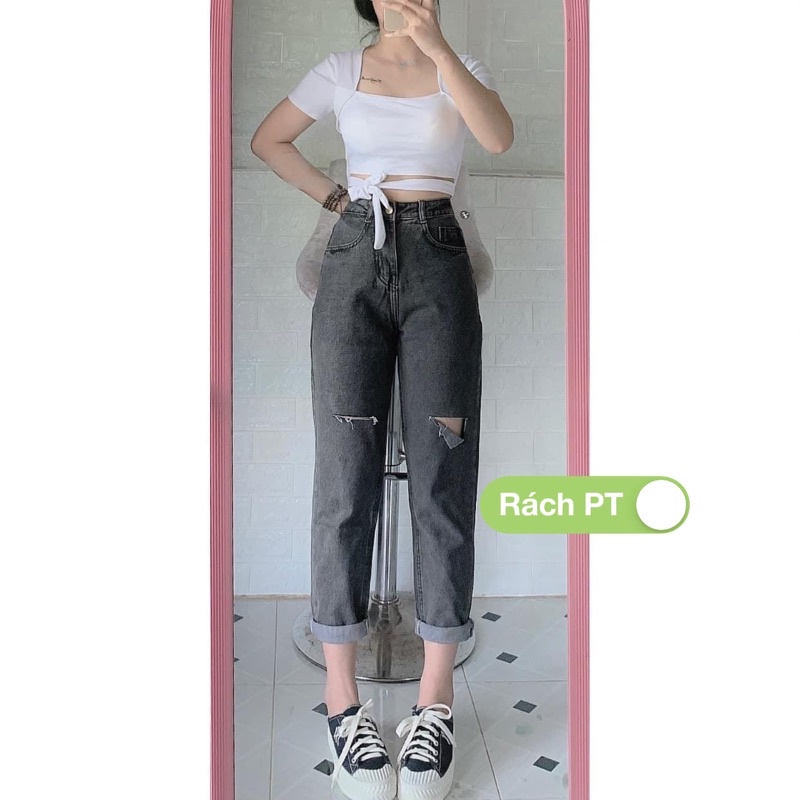 Set Baggy jeans lưng cao xám rách PT + Áo cổ vuông cột nơ trước