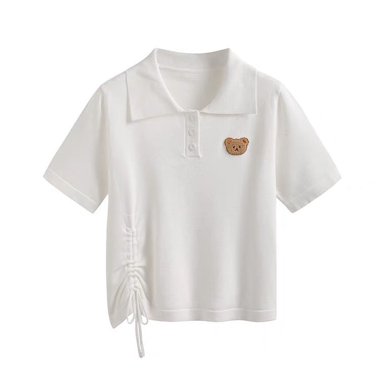 Áo Thun Tay Ngắn Cổ polo Phối Dây Rút In Hình Gấu Dễ Thương Cho Nữ JL-TX-266