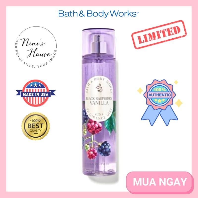 [Vỏ Limited] Xịt thơm toàn thân body mist Bath and Body Works mùi Black Raspberry Vanilla [AUTH]