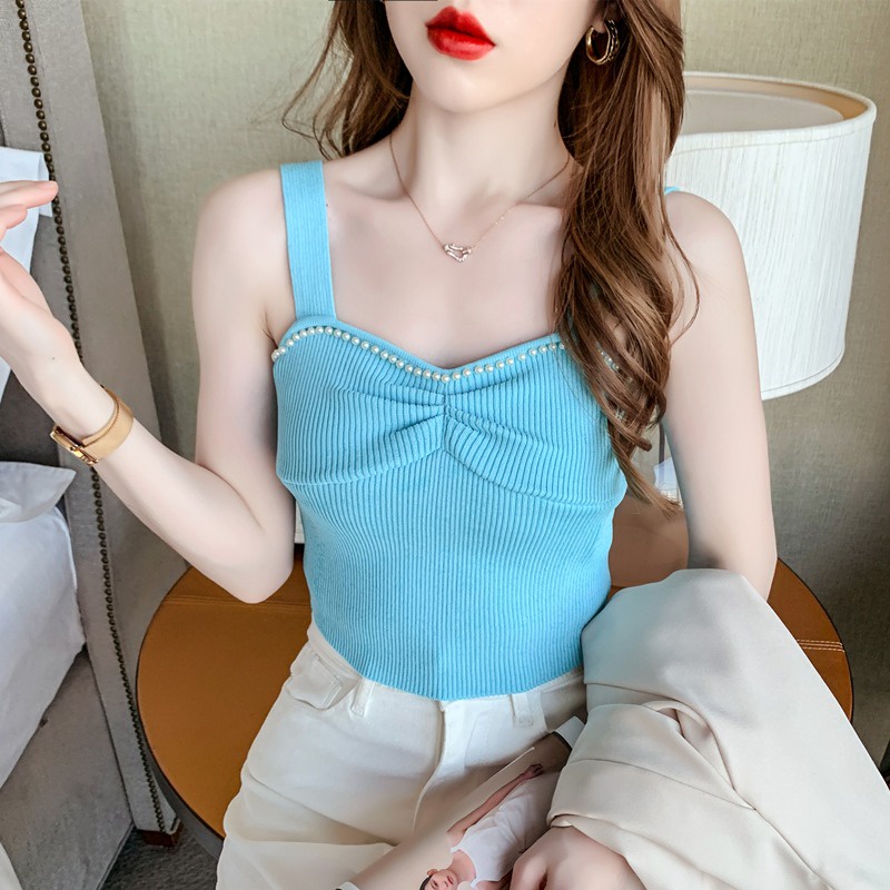 Áo hai dây ZHELIHANGFEI dệt kim ngắn đính hạt công nghiệp gợi cảm