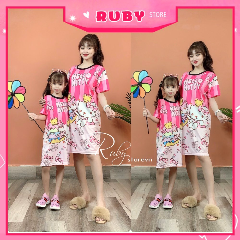 Đầm thun phom rộng suông mẹ và bé mặc nhà size đến 60kg chất thun mềm mát in Doremon Kitty dễ thương DAMRB FULL SIZE