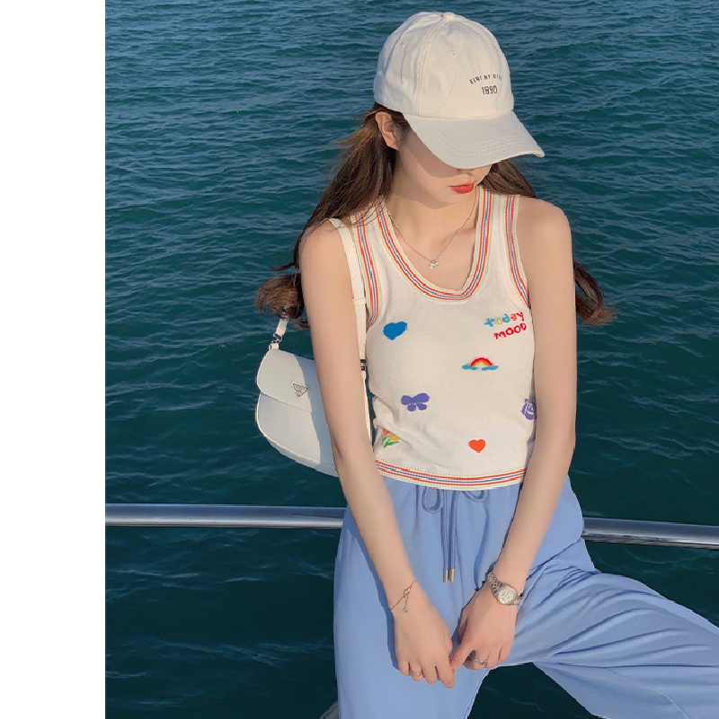 Áo croptop XIAOZHAINV không tay thêu họa tiết phong cách Hàn Quốc thời trang mùa hè cho nữ