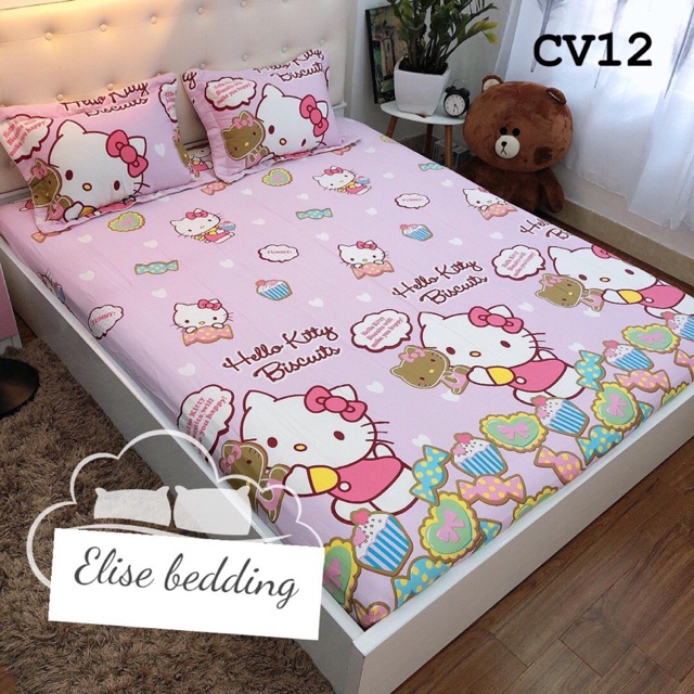 Bộ chăn ga gối Kitty cotton 100% ko pha