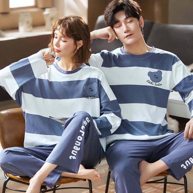 Bộ đồ ngủ cotton tay dài thời trang xuân hè cho cặp đôi 1If