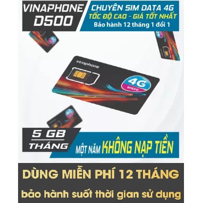 Sim Vina D500 Trọn Gói 1 Năm Sim 4G VinaPhone tặng 5G/tháng 60gb/năm - ko cần nạp thẻ