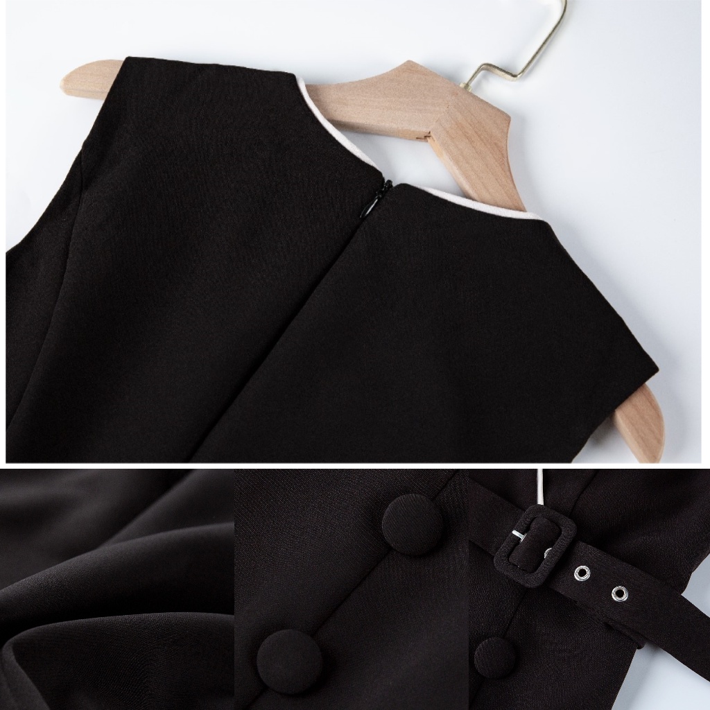 Đầm Dáng Chữ A Cổ V Sát Nách Thắt Lưng CQA Boutique CQA0022 Màu Đen Chất Liệu Polyester