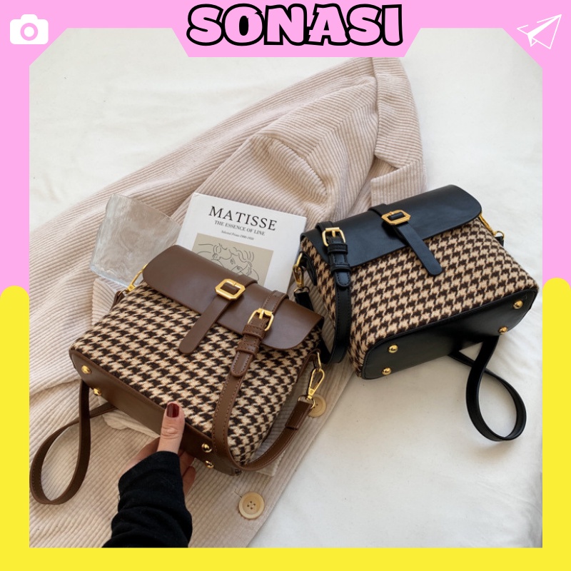 Túi xách đeo chéo hình hộp phối dạ kẻ kiểu Hàn Quốc SONASI TXN004