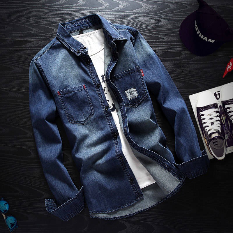 Mùa xuân và mùa thu Áo sơ mi denim đen nam dài tay Hàn Quốc Slim Hợp thời trang đẹp trai Áo sơ mi retro Nhật Bản | BigBuy360 - bigbuy360.vn
