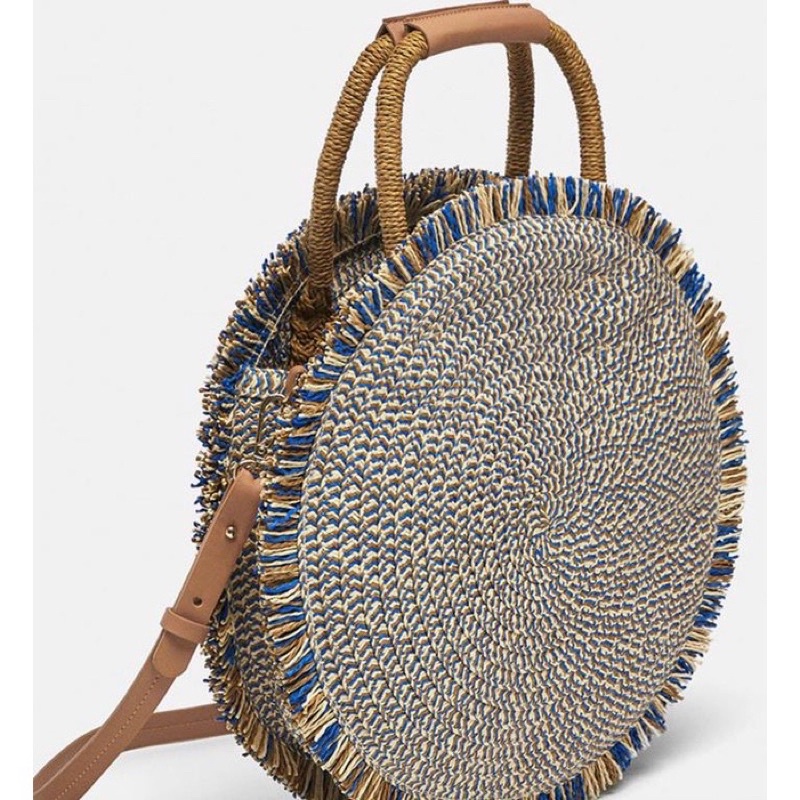 Túi cói tròn tua rua thổ cẩm Boho - TC 006