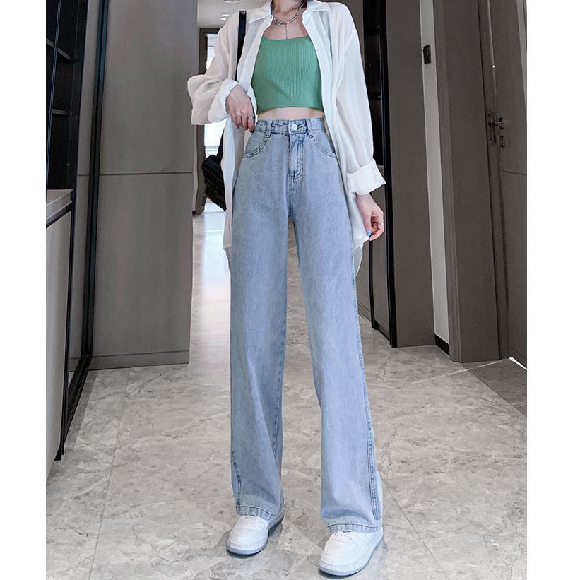 Quần jean ống rộng lưng cao thời trang phong cách Hàn Quốc cho nữ