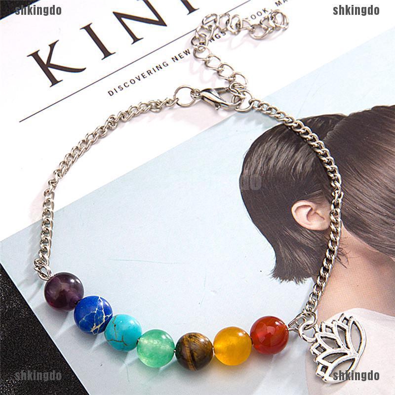 Vòng tay kim loại kết 7 hạt luân xa độc đáo