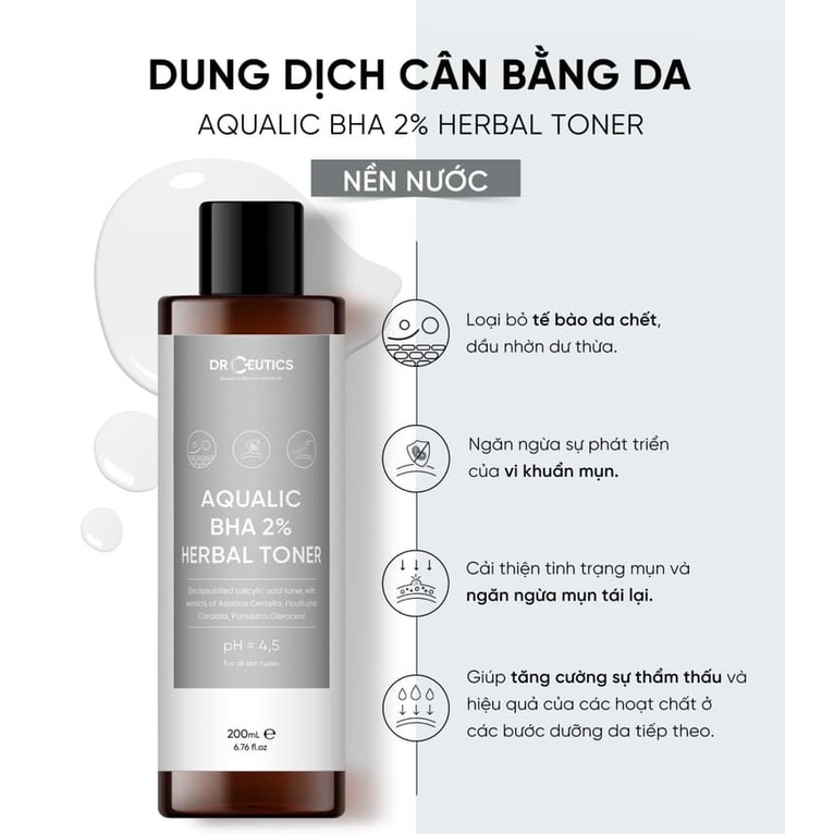 Toner Cân Bằng Da DrCeutics Aqualic BHA 2% Herbal Toner 200ml- Nền nước -  Nước hoa hồng | TheBodyHolic.com