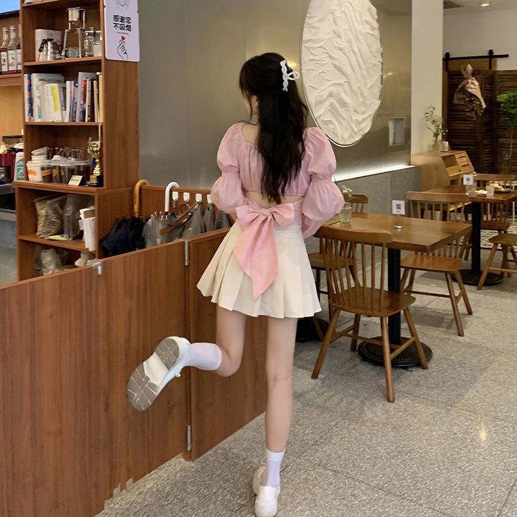 COZOK Set Áo Kiểu Tay Phồng Thắt Nơ Phối Chân Váy Xếp Ly Thời Trang Trẻ Trung Cho Nữ