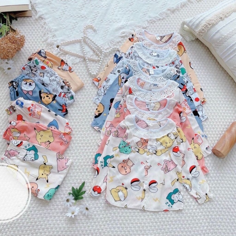 Bộ đồ ngủ dài tay tiểu thư viền ren họa tiết cho bé gái (9-22kg) - Hirokids