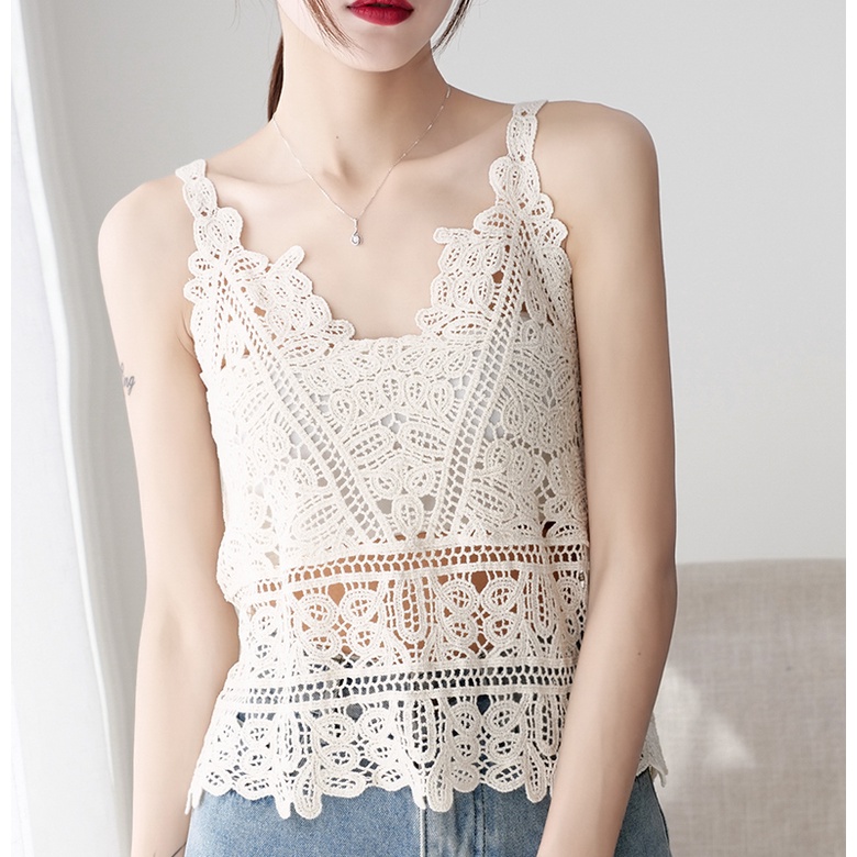 Mùa Hè Mới crochet Ren Áo hai dây Phụ Nữ Áo tank top
