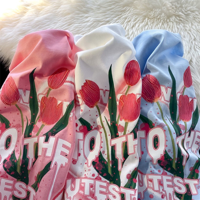 Jiashucheng Áo Thun Tay Ngắn In Chữ Và Hoa Tulip Phong Cách Hàn Quốc Thời Trang Mùa Hè Mới Cho Nam Và Nữ