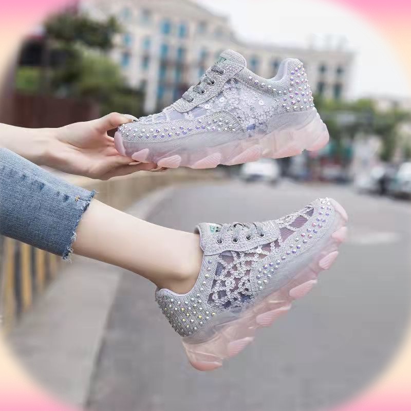 Giày Thể Thao Mùa Hè Thoáng Khí Đế Phối Đá Kim Sa Lấp Lánh Phong Cách Mới Cho Nữ