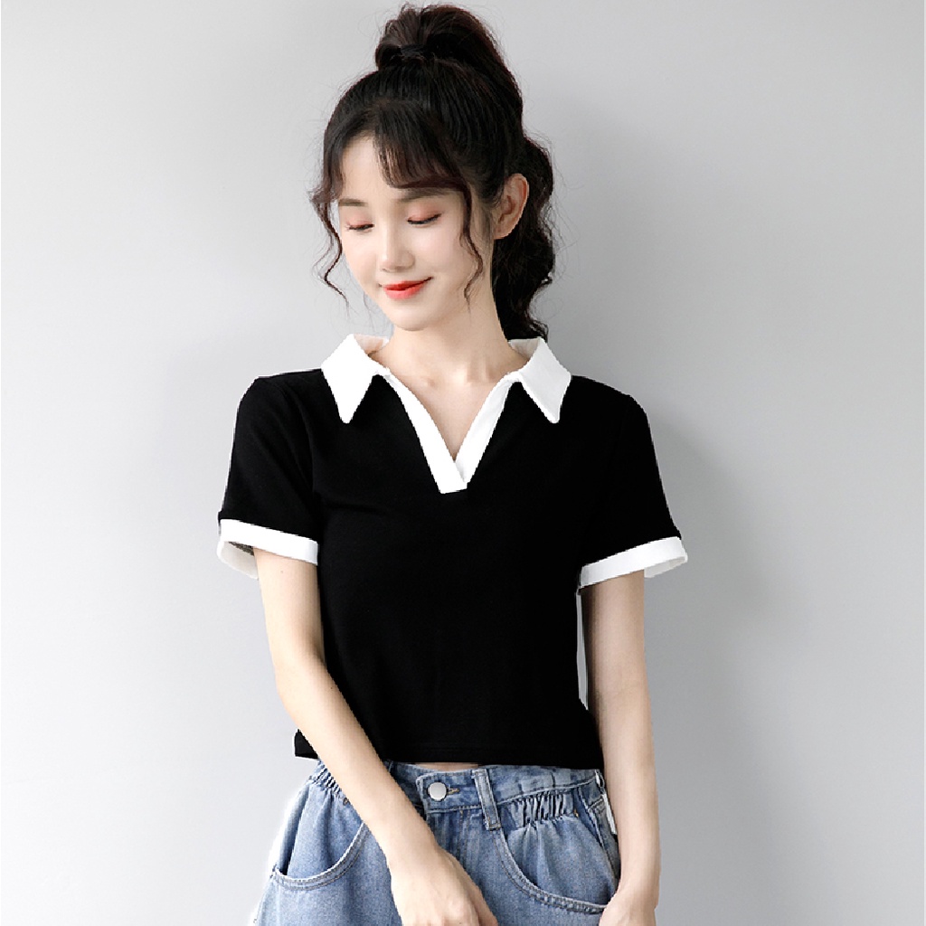 Áo polo nữ OKIMAC form ôm tay ngắn phối viền trắng chất cotton đẹp thoáng mát phong cách ullzang