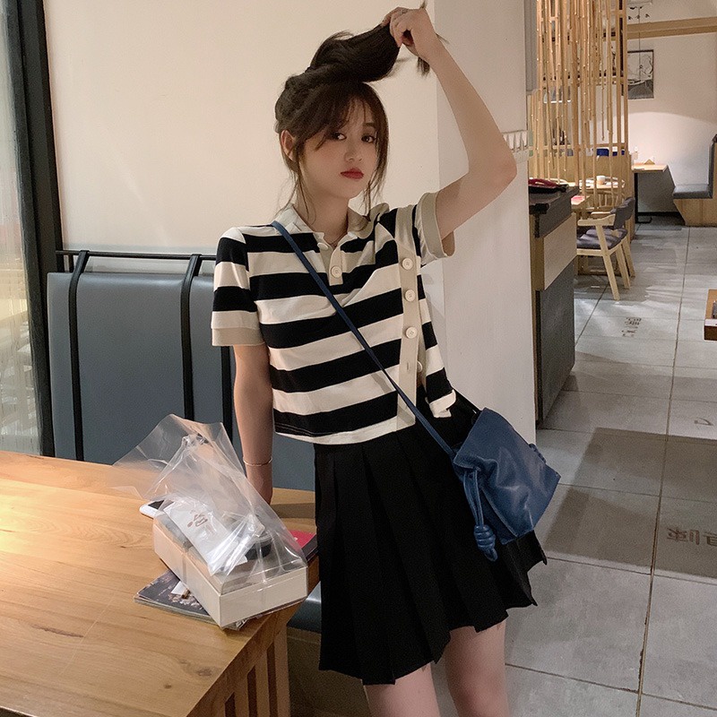 Áo Thun POLO Dệt Kim Tay Ngắn Dáng Rộng Kẻ Sọc Cá Tính