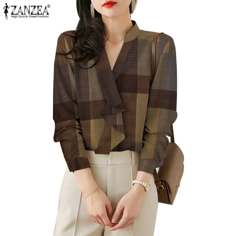 Áo sơ mi ZANZEA tay dài cổ chữ V kẻ sọc caro phong cách vintage cho nữ
