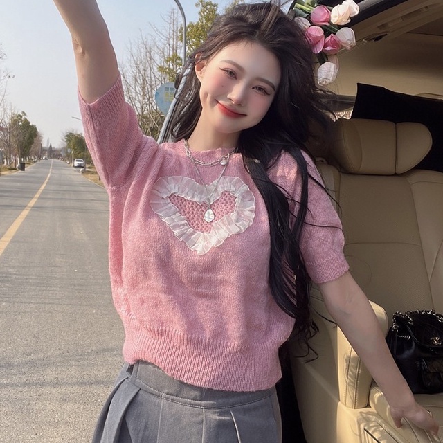 Áo dệt kim ZHELIHANGFEI tay ngắn dáng rộng thêu hình trái tim thiết kế khoét rỗng dành cho nữ