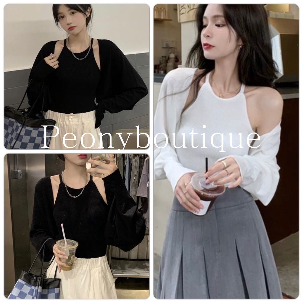 Set Yếm 2 Dây Tay Bồng PEONYB Nữ [FREESHIP]  Bộ áo khoác cardigan dáng ngắn kèm thun body bánh bèo Ulzzang