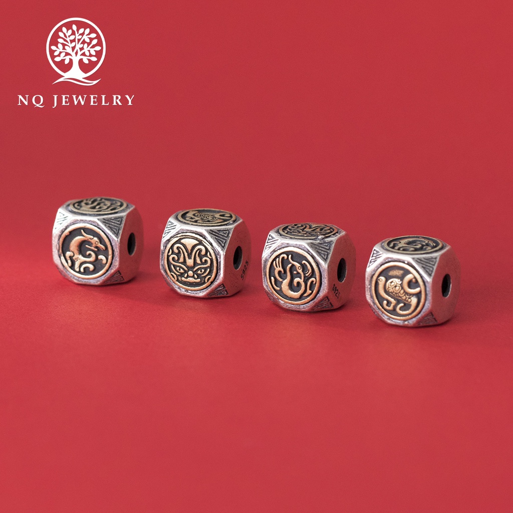 Charm bạc khối lập phương họa tiết tứ linh thần thoại xỏ ngang - NQ Jewelry