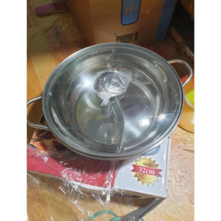 Nồi Lẩu 2 Ngăn 30-32cm, Nấu Được Bếp Từ, Chất Liệu Inox Dày Dặn Nắp Kính Sang Trọng