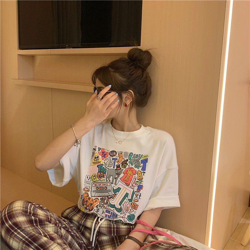 Áo thun in họa tiết tay lỡ form rộng - Ulzzang mặc cặp, nhóm, lớp AE88