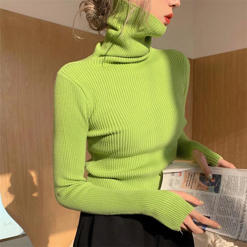 Áo Sweater Dệt Kim Cổ Lọ Tay Dài Dáng Ôm Màu Sắc Đơn Giản Thời Trang Cho Nữ