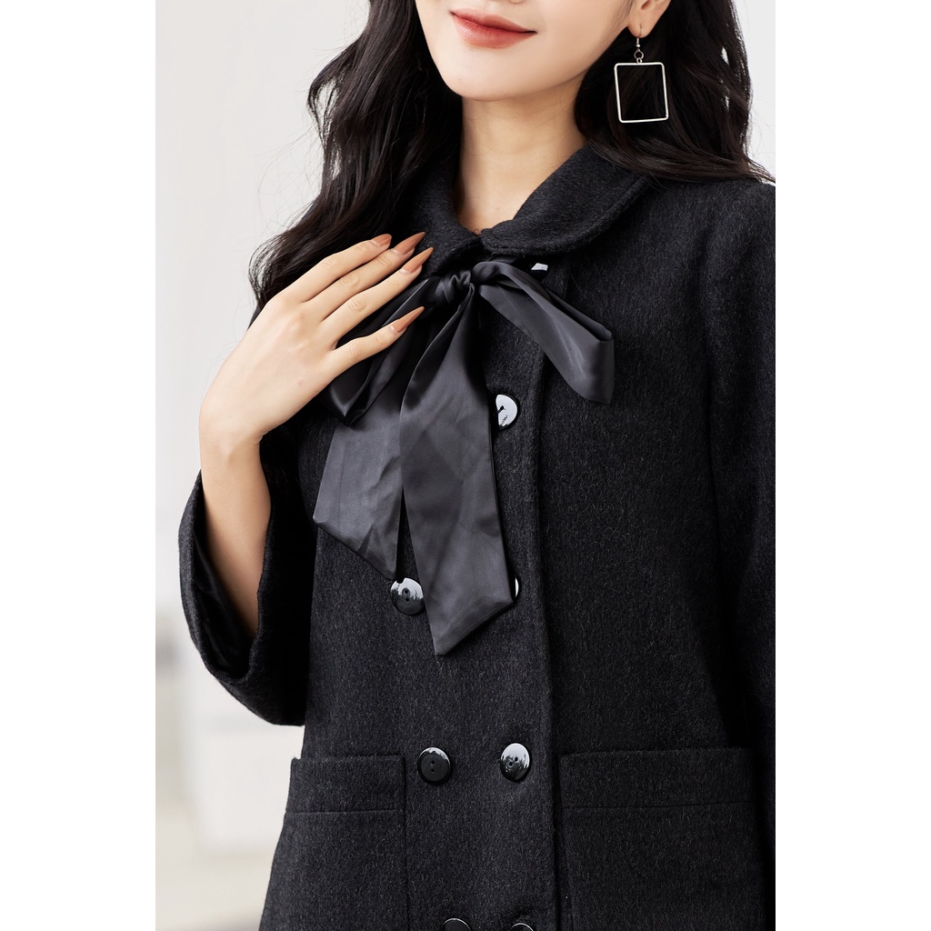 Áo khoác dạ nữ dáng A cổ sen 92WEAR, nơ dây tiểu thư nhẹ nhàng, tinh tế KDA2161