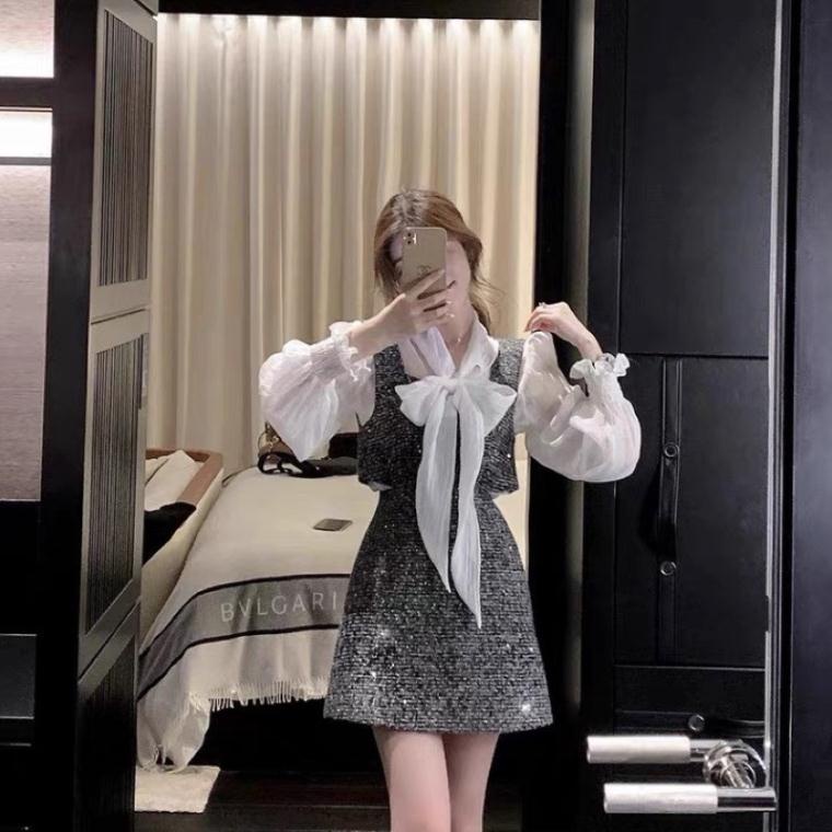 Set Dạ Tiêu 3 Món Áo Sơ mi Kèm Nơ Bản To Mix Áo Gile Yếm Và Chân Có Ảnh Thật Clara Siêu Xinh