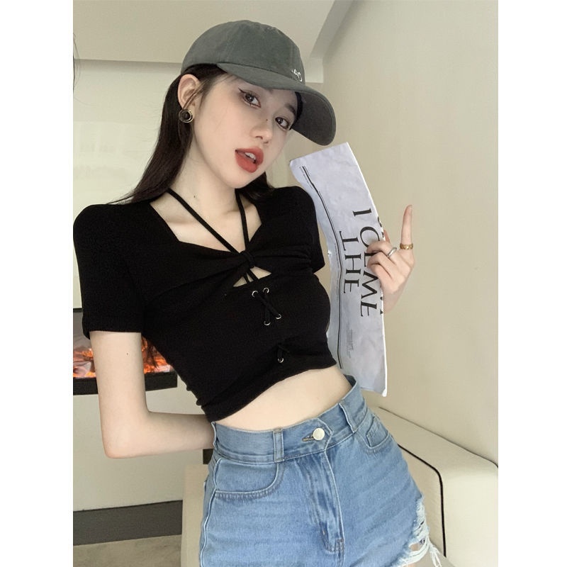 Jiashucheng Áo Thun Ngắn Tay Ôm Dáng Hở Lưng Màu Hồng Phong Cách Mới Mùa Hè Cho Nữ