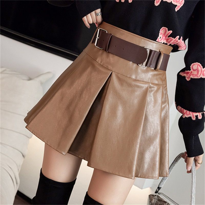 Chân váy da PU dáng chữ A lưng cao xếp ly thời trang mùa thu cho nữ