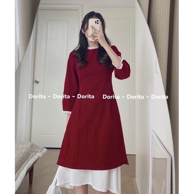 Áo dài Nhung đỏ đô cổ bèo kèm chân váy trắng, Áo dài Tết 2023 - Dorita Boutique
