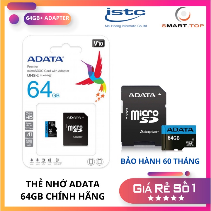 [CHÍNH HÃNG] Thẻ nhớ ADATA 64GB + Adapter UHS-I Class 10, Tốc độ đọc 100mb/s- Bảo Hành 60 tháng 1 đổi 1