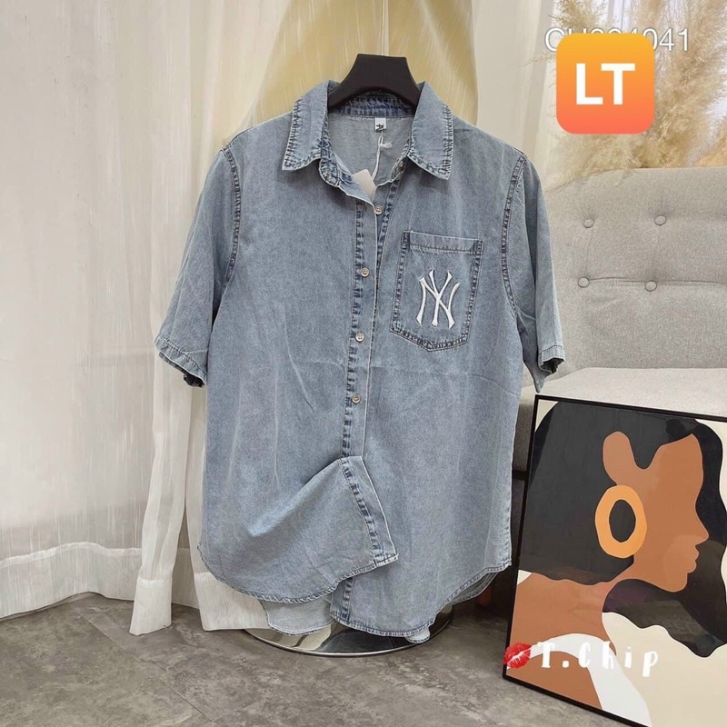 Áo sơ mi  tay lỡ  bò phom thụng đuôi tôm thêu chữ | BigBuy360 - bigbuy360.vn