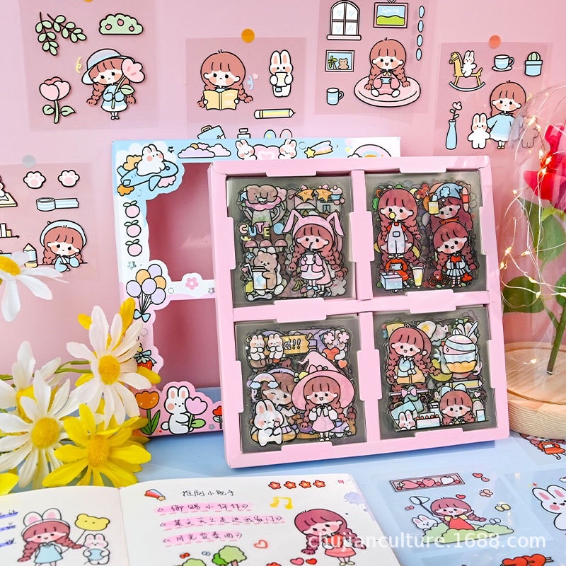 Hộp 100 tờ stickers giấy PET PVC dễ thương không trùng mẫu