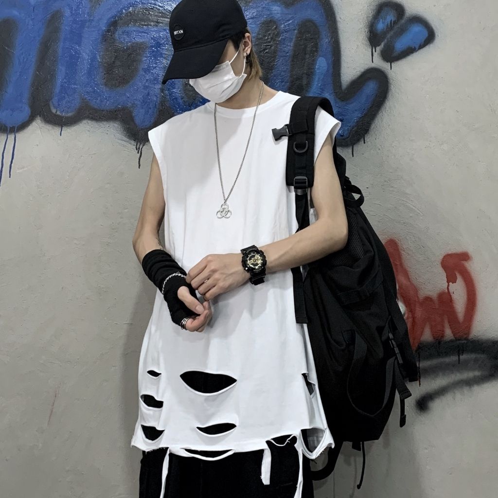 Áo ba lỗ nam ANYOUNG Áo thun nam 3 lỗ TankTop rách gấu form rộng co giãn mùa hè