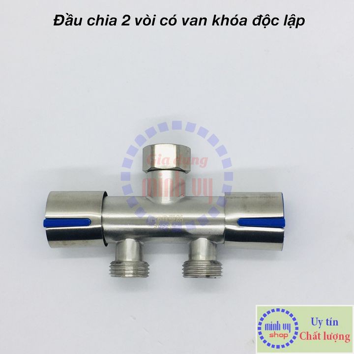 Van Nước 2 cổng xả có điều khiển (xanh) riêng biệt dạng vòi chia nước - đầu ra 21mm Inox SUS304-VC2xanhthang