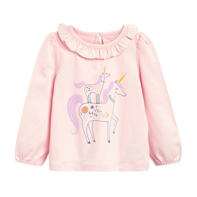 Mã 52042 áo thun cotton dài tay màu hồng cổ bèo tròn in hình ngựa pony của Little Maven cho bé gái