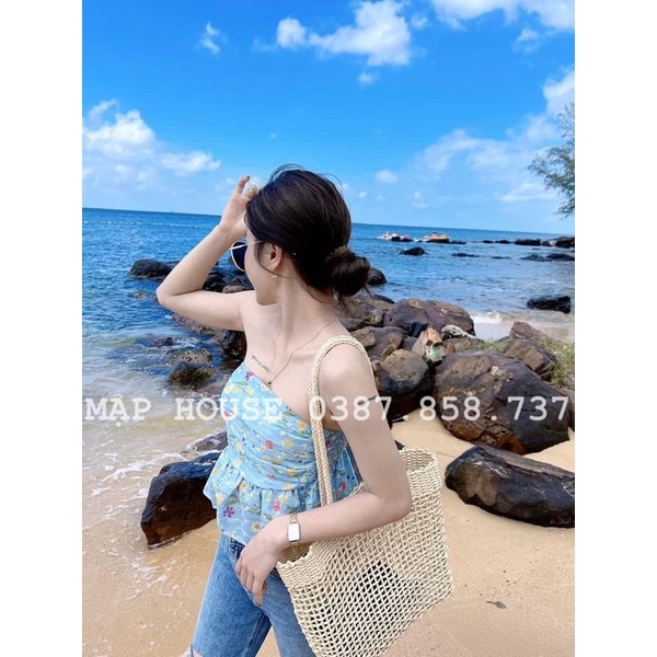 Giỏ cói Tote xách vuông - đan lưới caro thưa - phong cách Vintage