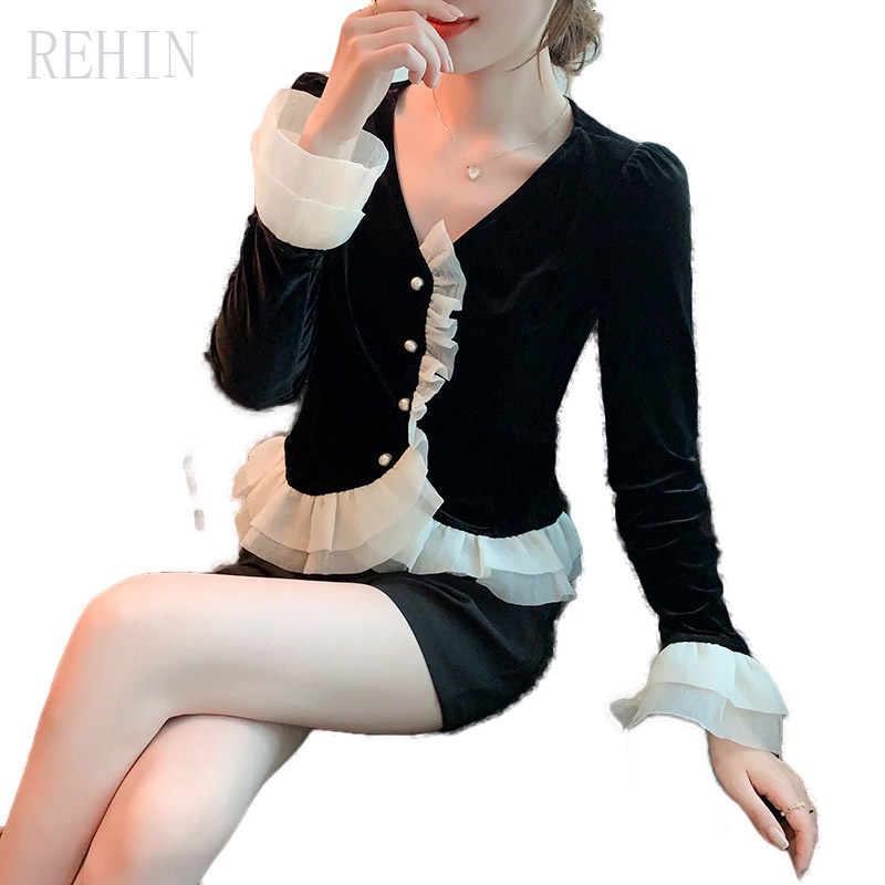 REHIN Áo sơ mi nhung tay dài ống loe phối lưới thiết kế cổ điển thời trang thu đông mới cho nữ