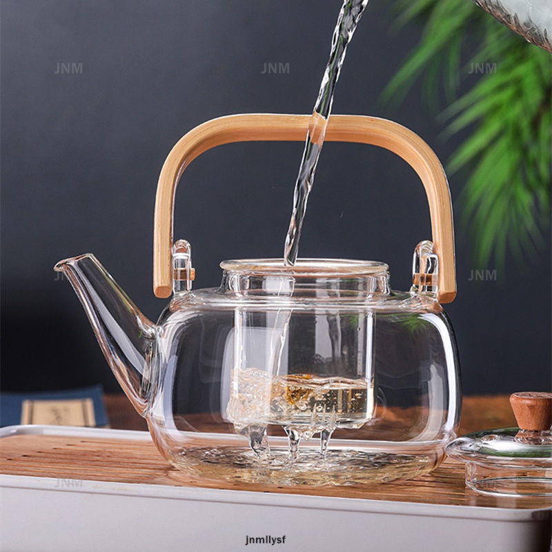 Ấm trà thủy tinh trong suốt dung tích 1000ml có tay cầm tre độc đáo